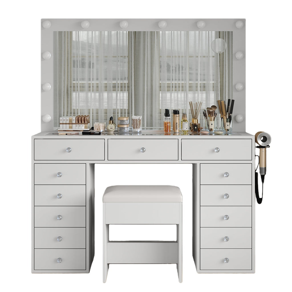 Vektaya US - VD018 Bedroom Makeup Vanity desk with LED Mirror, 13 Drawers - VektayaFurnitureUS-VD018-WH
