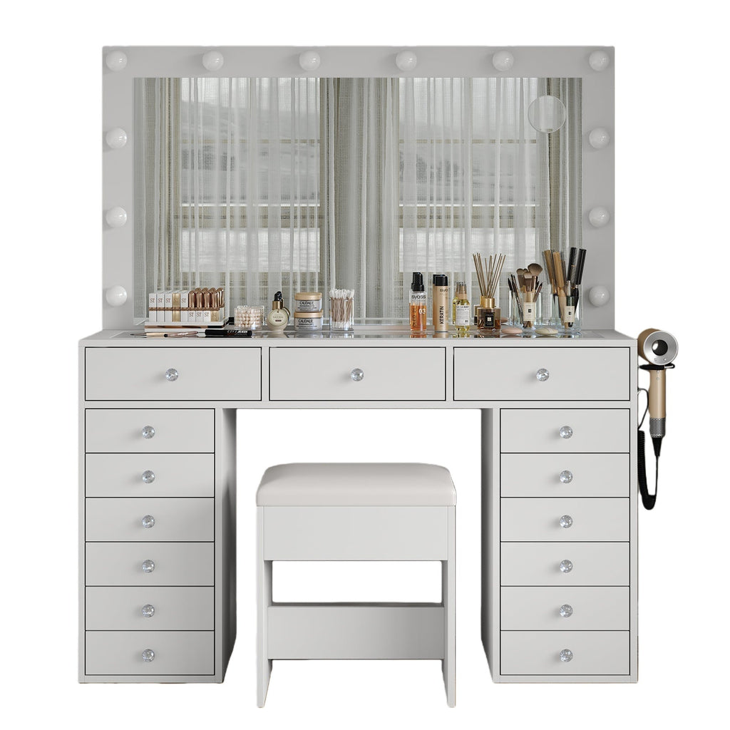 Vektaya US - VD019 Bedroom Makeup Vanity desk with LED Mirror, 15 Drawers - VektayaFurnitureUS-VD019-WH