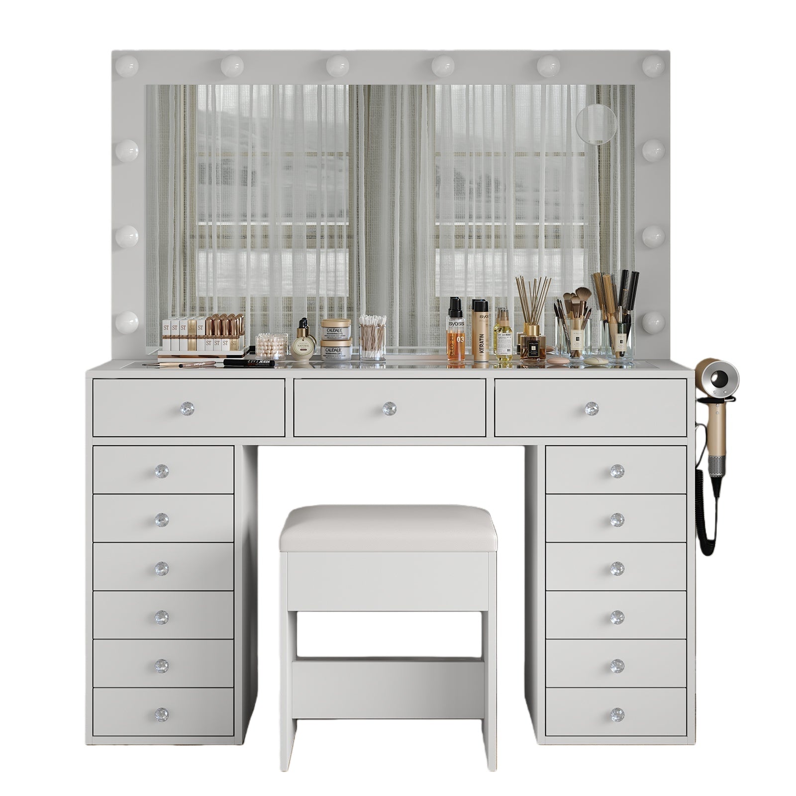 Vektaya US - VD019 Bedroom Makeup Vanity desk with LED Mirror, 15 Drawers - VektayaFurnitureUS-VD019-WH