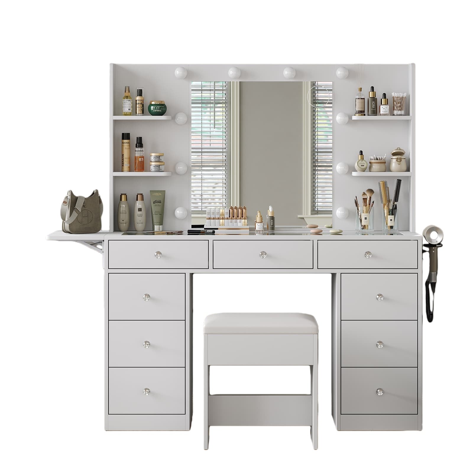 Vektaya US - VD020 Vanity Desk with Power Outlet, Mirror, 10 LED Lights - VektayaFurnitureUS-VD020-WH