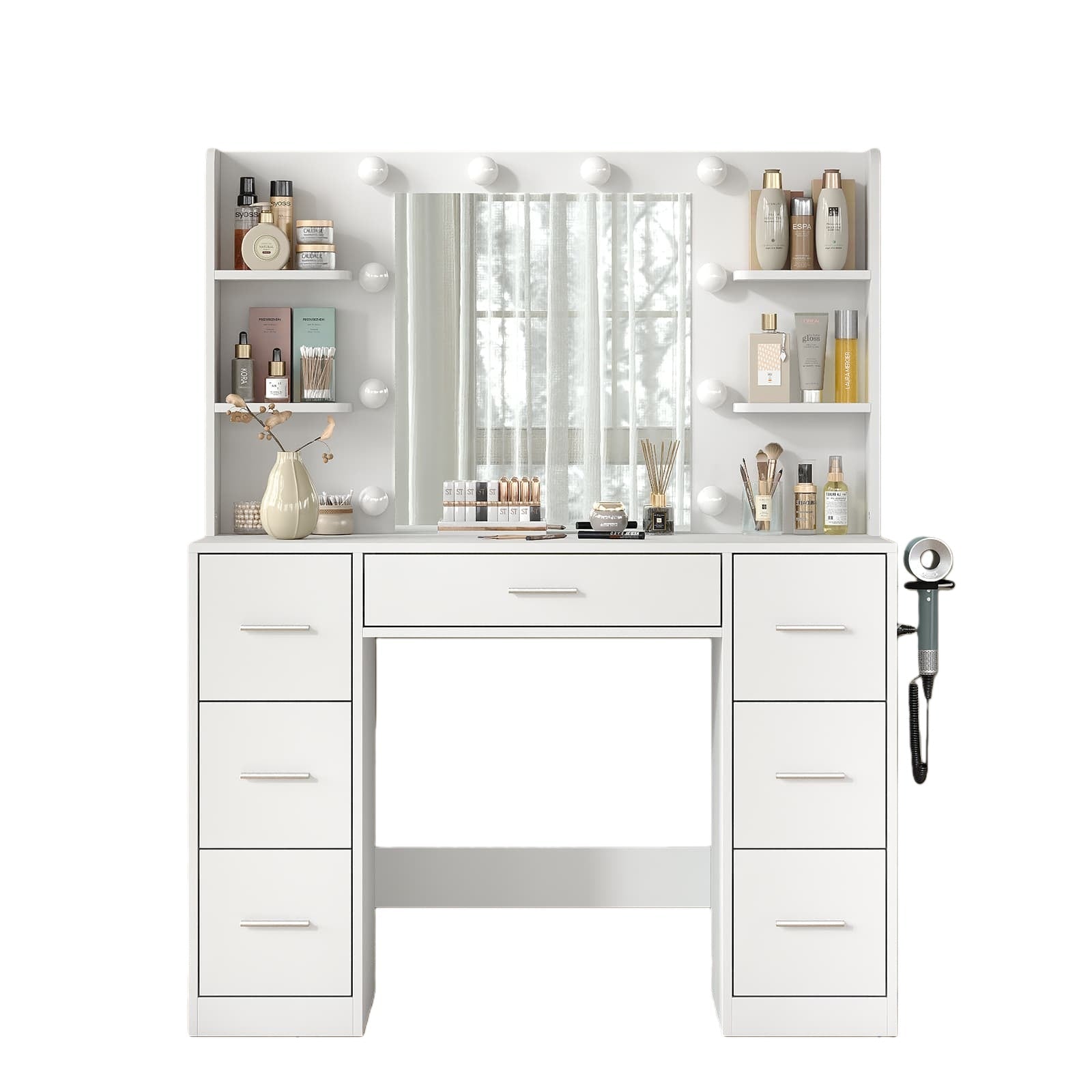 Vektaya US - VD024 Vanity Desk with Mirror, LED Lights & Charging Station, 7 Drawers Storage - VektayaFurnitureUS-VD024