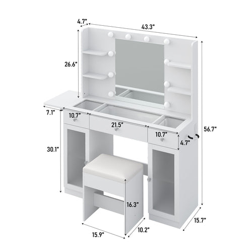 3-Drawer LED Mirror Vanity Desk with Charging Station, 2 Cabinets, Chair, White