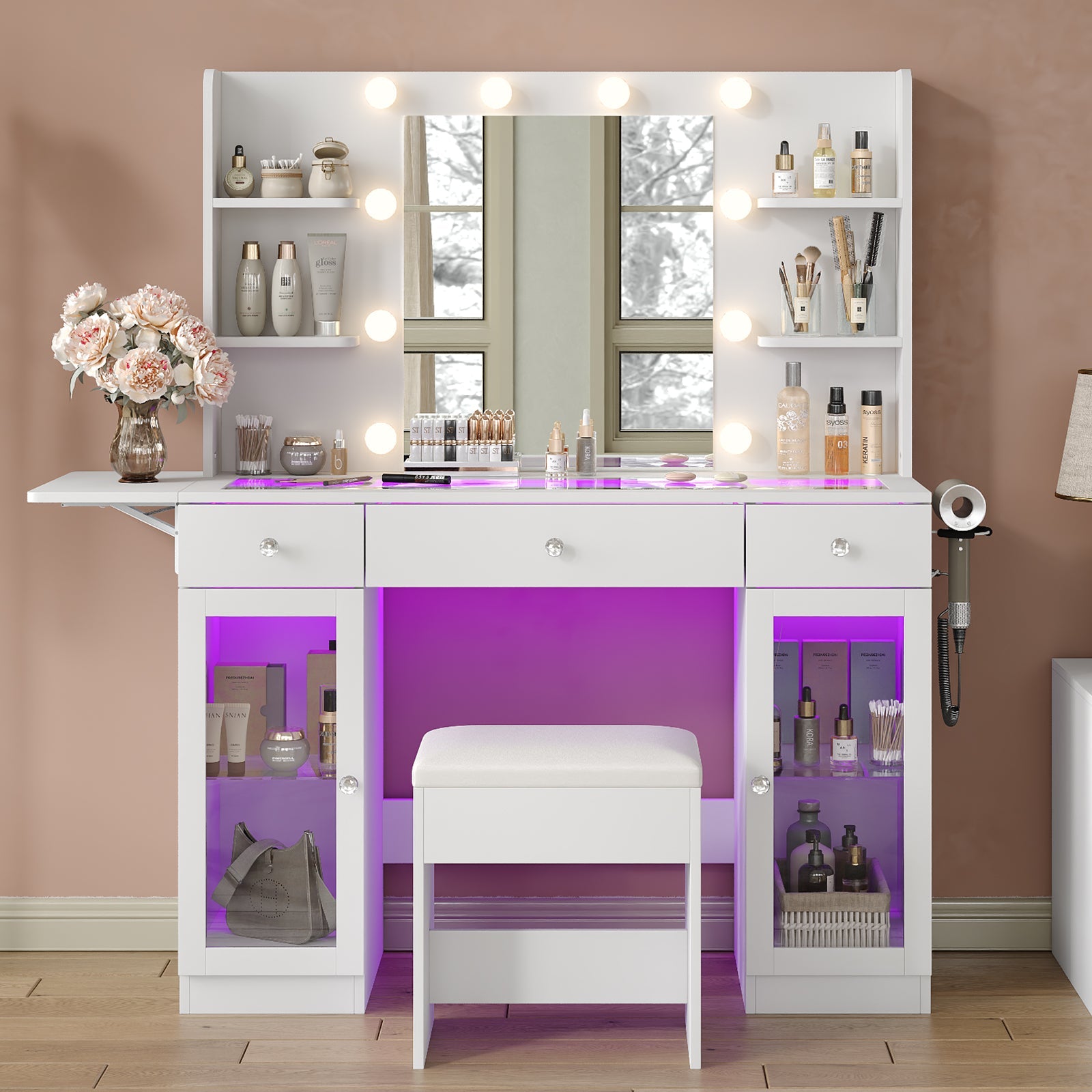 3-Drawer LED Mirror Vanity Desk with Charging Station, 2 Cabinets, Chair, White