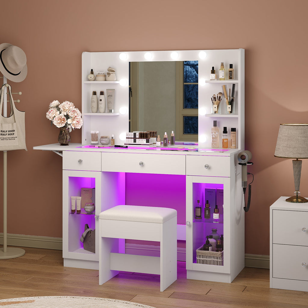 3-Drawer LED Mirror Vanity Desk with Charging Station, 2 Cabinets, Chair, White