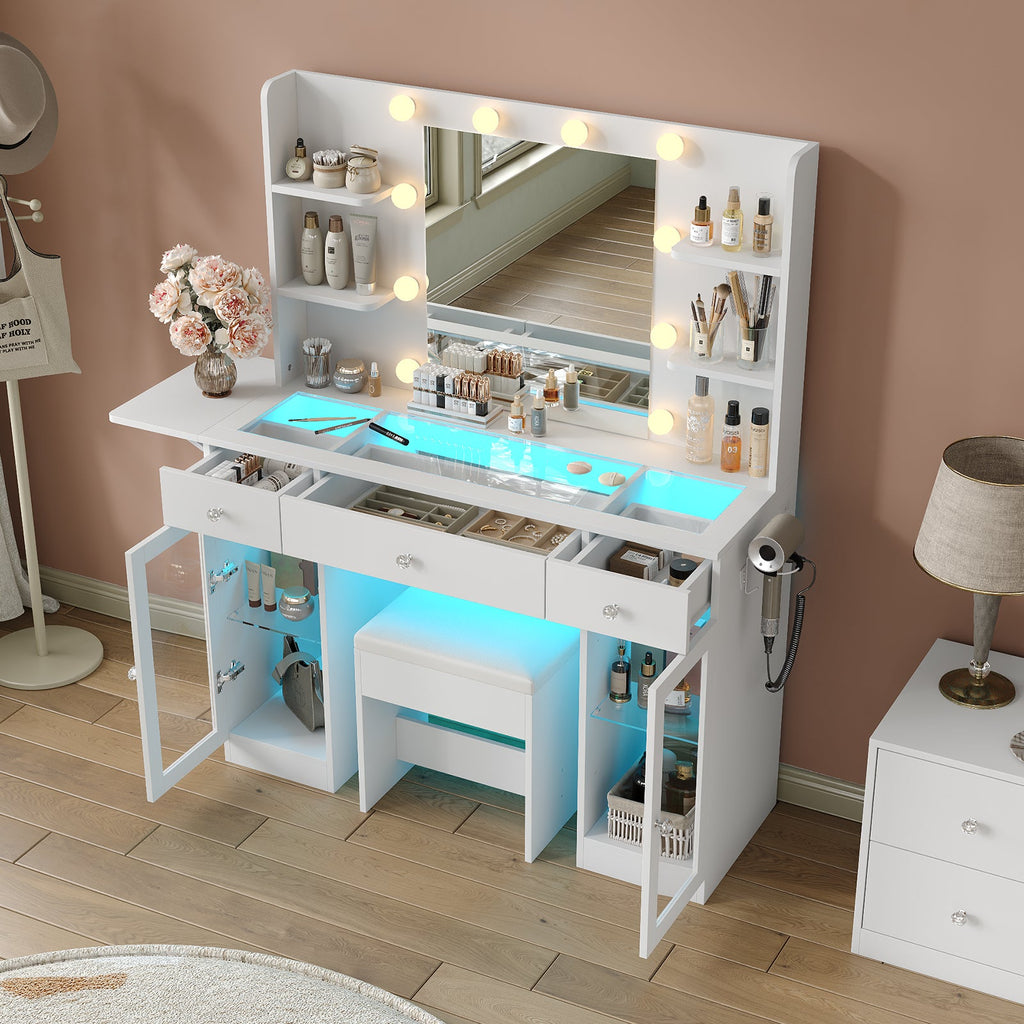 3-Drawer LED Mirror Vanity Desk with Charging Station, 2 Cabinets, Chair, White