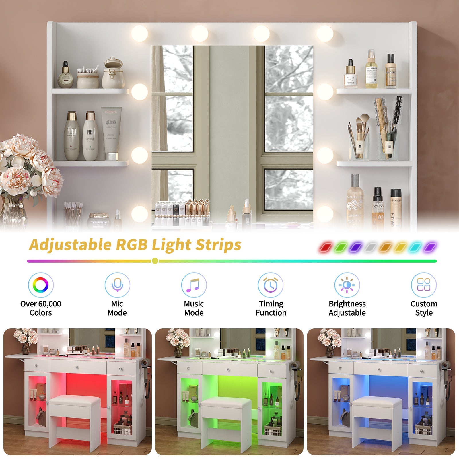 3-Drawer LED Mirror Vanity Desk with Charging Station, 2 Cabinets, Chair, White