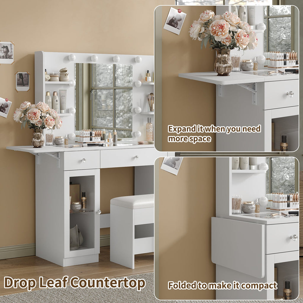 3-Drawer LED Mirror Vanity Desk with Charging Station, 2 Cabinets, Chair, White