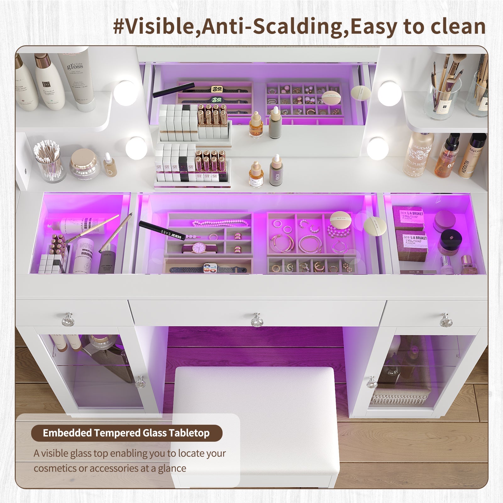 3-Drawer LED Mirror Vanity Desk with Charging Station, 2 Cabinets, Chair, White