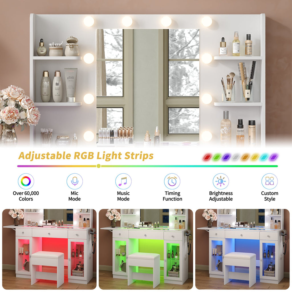 Vektaya US - VD029 - WH Vanity Desk with Mirror,Lights, Power Outlet, 3 Drawers,2 Cabinets and Chair, White - VektayaFurnitureUS-VD029-WH