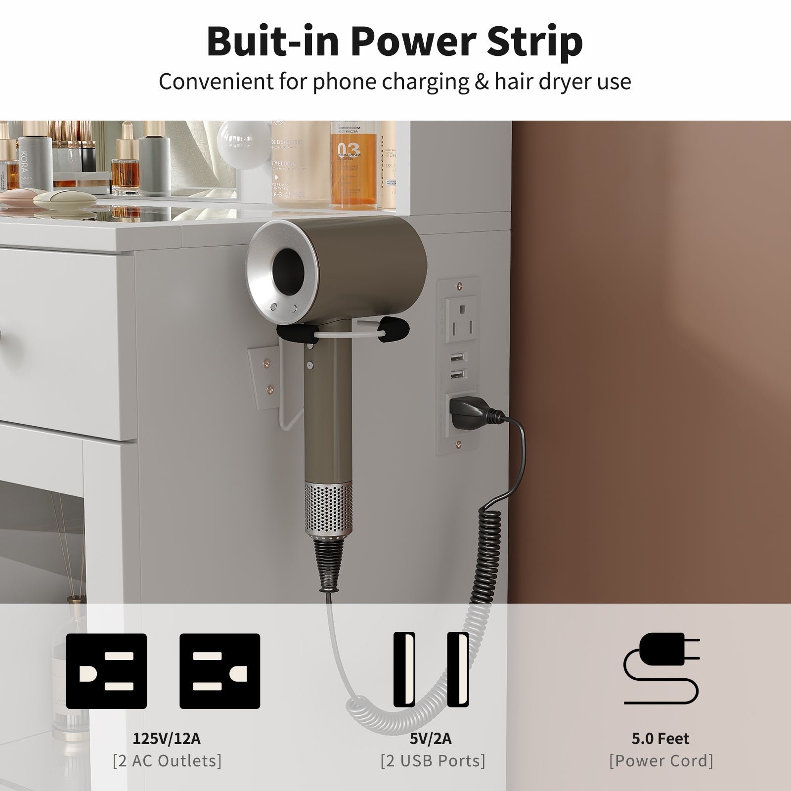 Vektaya US - VD029 - WH Vanity Desk with Mirror,Lights, Power Outlet, 3 Drawers,2 Cabinets and Chair, White - VektayaFurnitureUS-VD029-WH