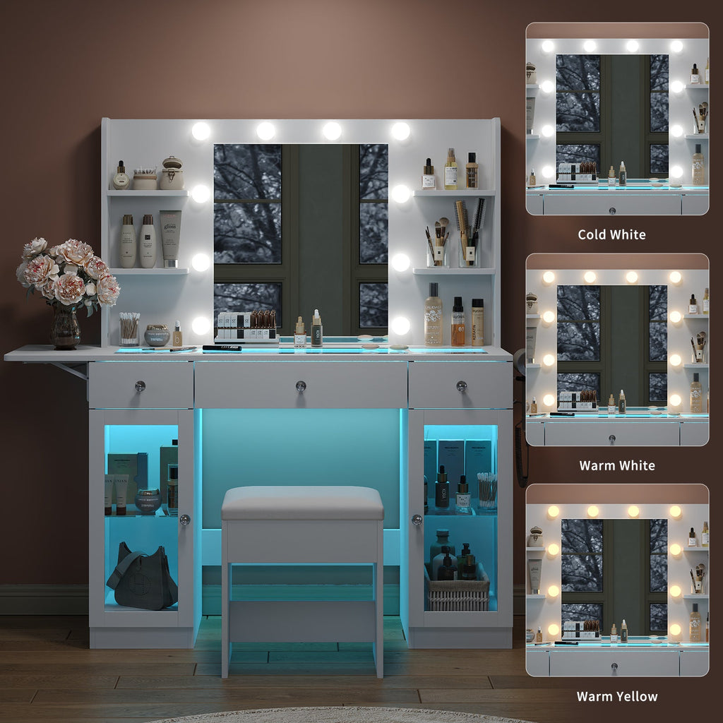 Vektaya US - VD029 - WH Vanity Desk with Mirror,Lights, Power Outlet, 3 Drawers,2 Cabinets and Chair, White - VektayaFurnitureUS-VD029-WH