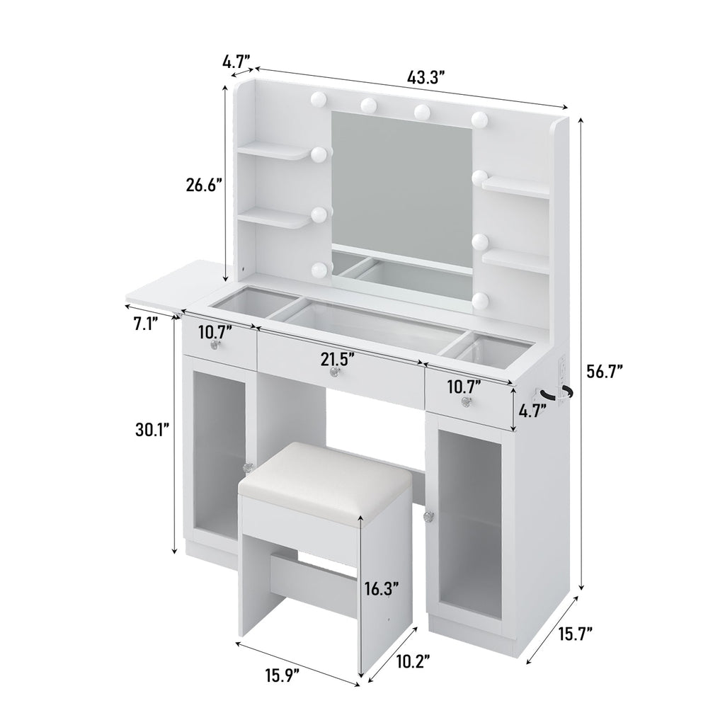 Vektaya US - VD029 - WH Vanity Desk with Mirror,Lights, Power Outlet, 3 Drawers,2 Cabinets and Chair, White - VektayaFurnitureUS-VD029-WH