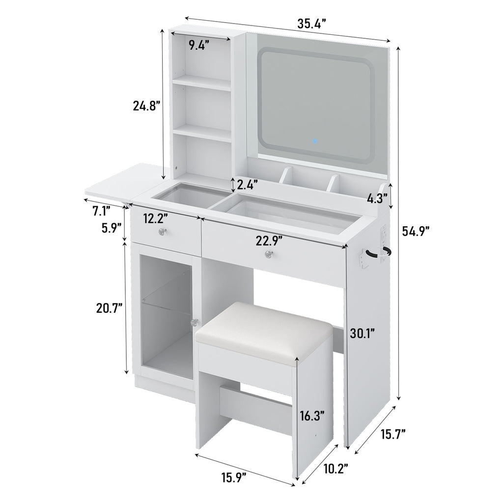 Vektaya US - VD031 - WH Vanity Desk with Mirror, Charging Station,2 Drawers,and Chair,White - VektayaFurnitureUS-VD031-WH