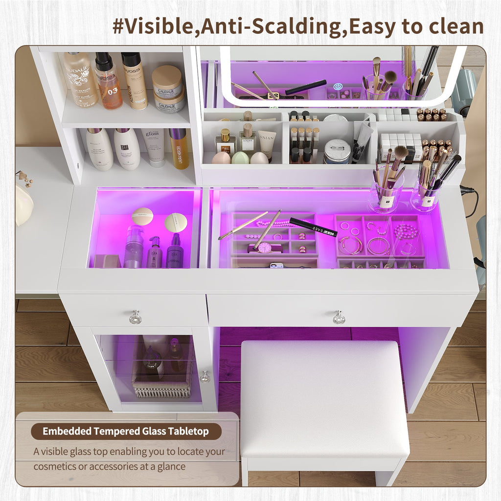 Vektaya US - VD031 - WH Vanity Desk with Mirror, Charging Station,2 Drawers,and Chair,White - VektayaFurnitureUS-VD031-WH