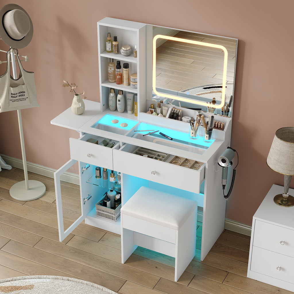 Vektaya US - VD031 - WH Vanity Desk with Mirror, Charging Station,2 Drawers,and Chair,White - VektayaFurnitureUS-VD031-WH