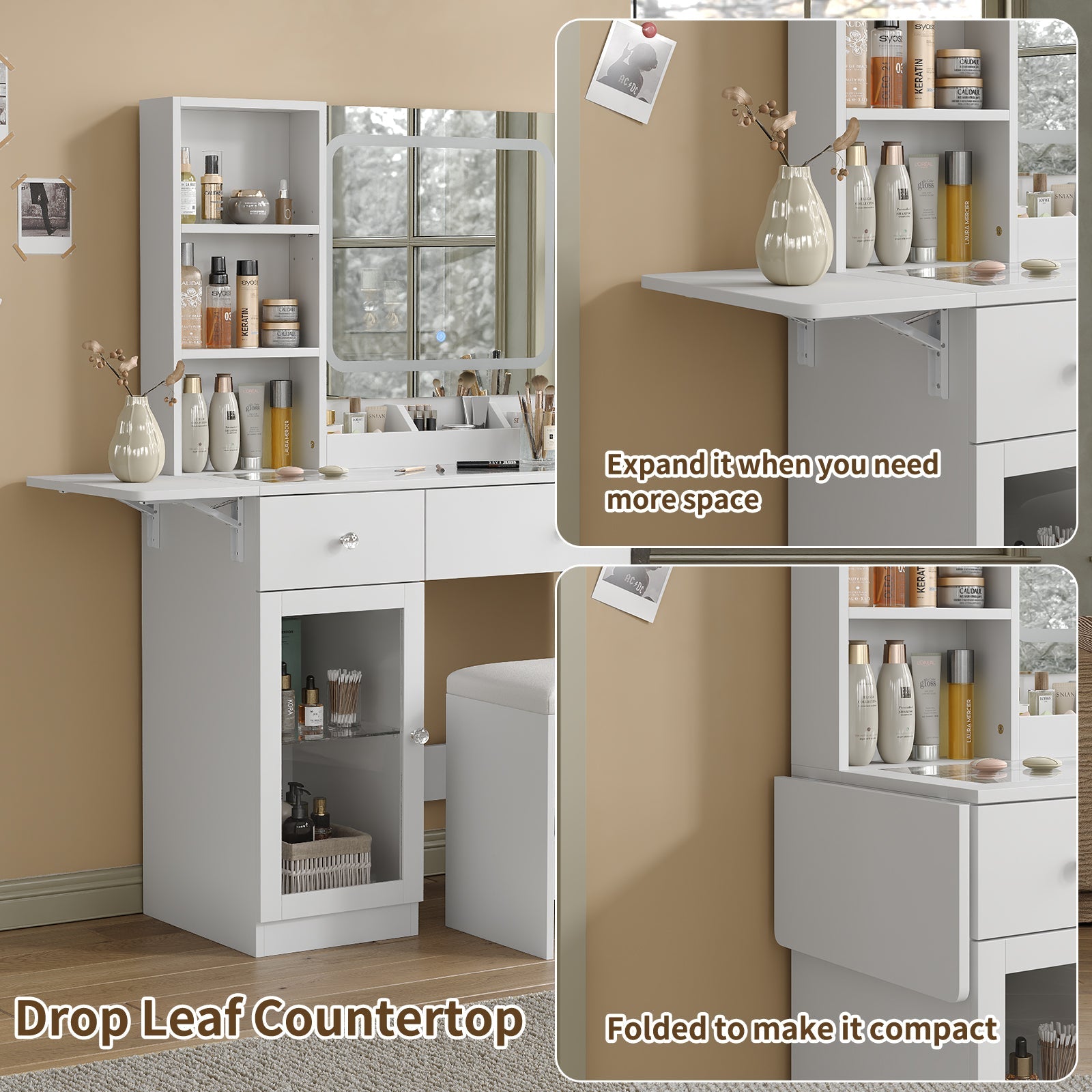 Vektaya US - VD031 - WH Vanity Desk with Mirror, Charging Station,2 Drawers,and Chair,White - VektayaFurnitureUS-VD031-WH