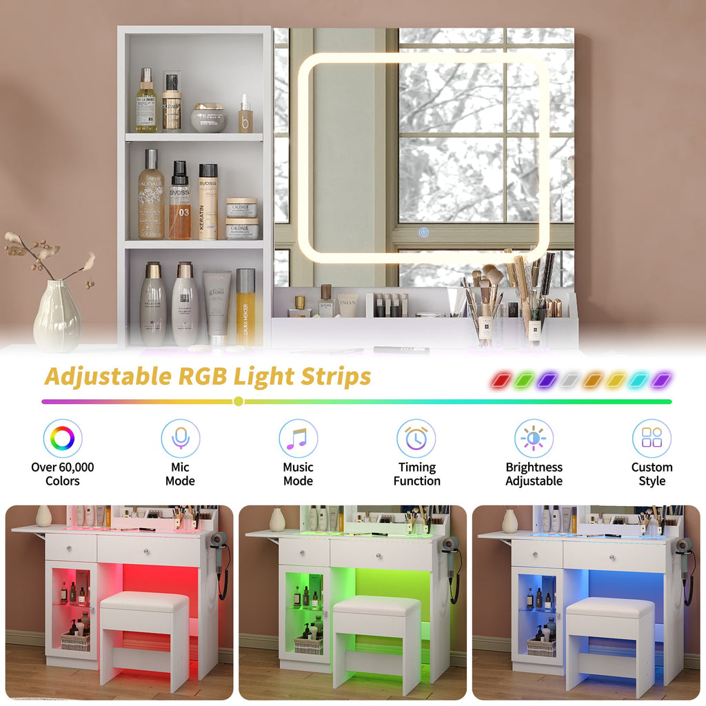 Vektaya US - VD031 - WH Vanity Desk with Mirror, Charging Station,2 Drawers,and Chair,White - VektayaFurnitureUS-VD031-WH