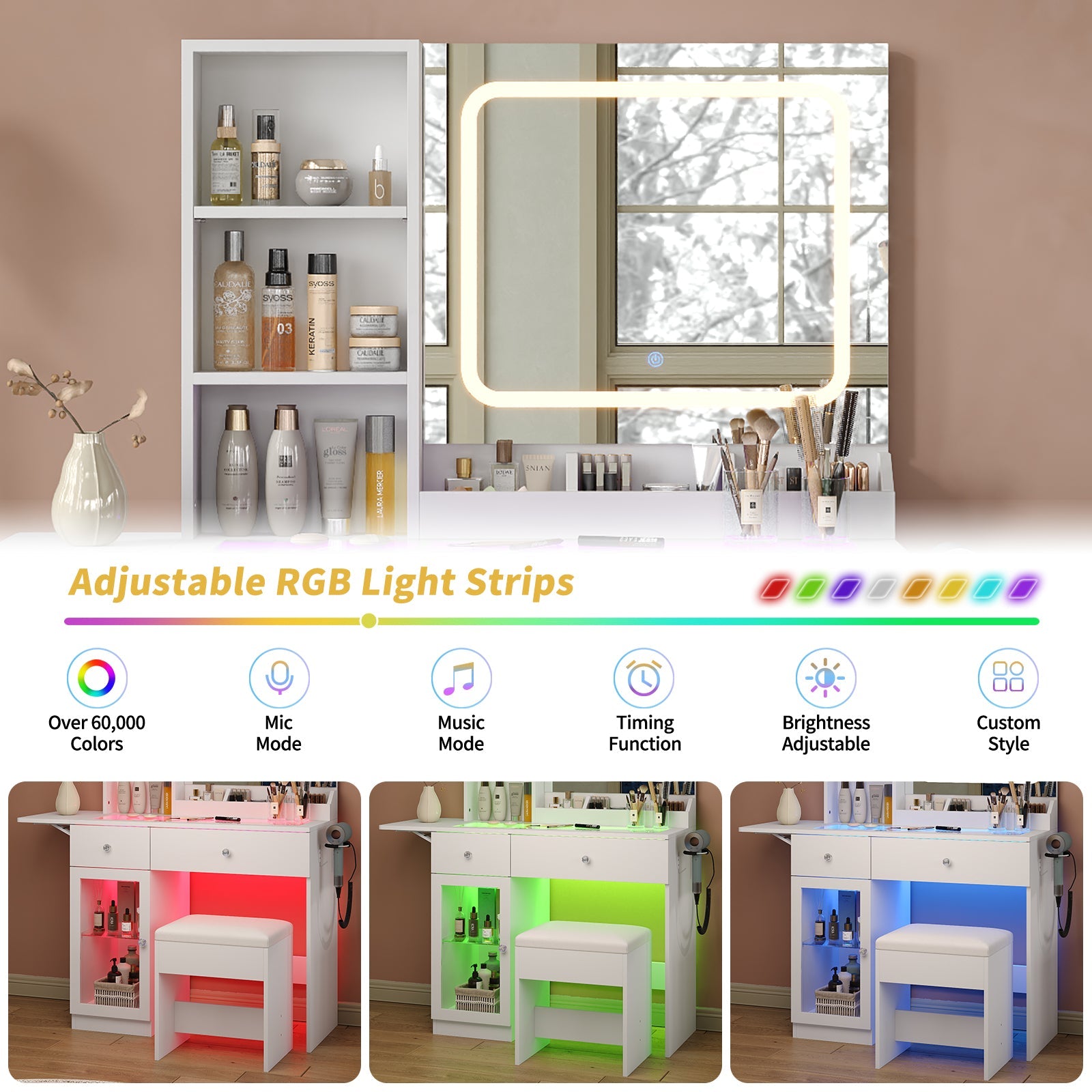 Vektaya US - VD031 - WH Vanity Desk with Mirror, Charging Station,2 Drawers,and Chair,White - VektayaFurnitureUS-VD031-WH