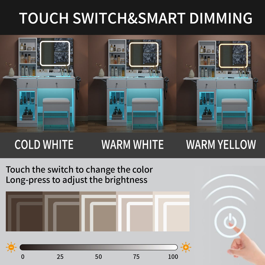 Vektaya US - VD031 - WH Vanity Desk with Mirror, Charging Station,2 Drawers,and Chair,White - VektayaFurnitureUS-VD031-WH