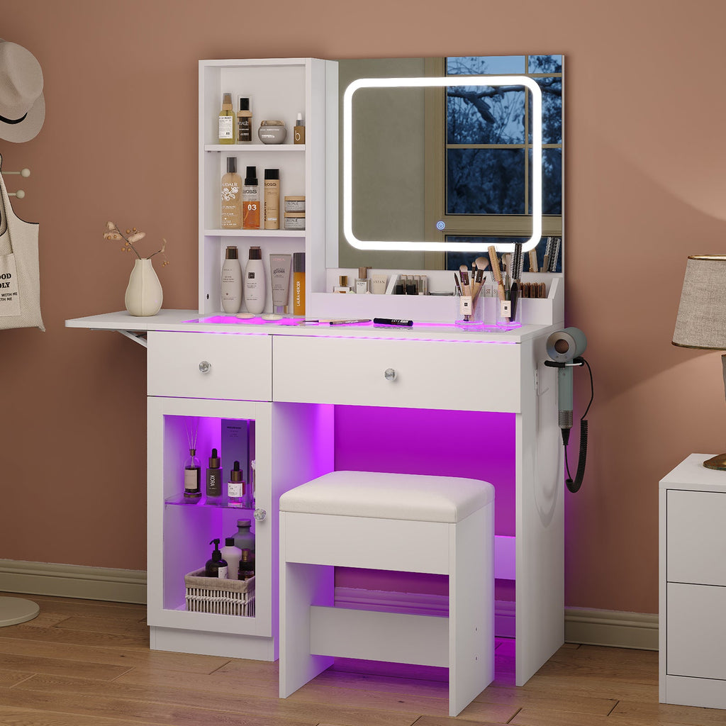 Vektaya US - VD031 - WH Vanity Desk with Mirror, Charging Station,2 Drawers,and Chair,White - VektayaFurnitureUS-VD031-WH