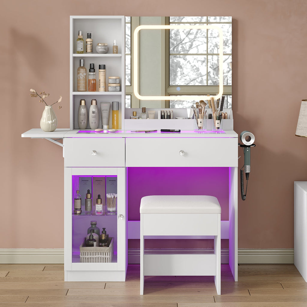 Vektaya US - VD031 - WH Vanity Desk with Mirror, Charging Station,2 Drawers,and Chair,White - VektayaFurnitureUS-VD031-WH