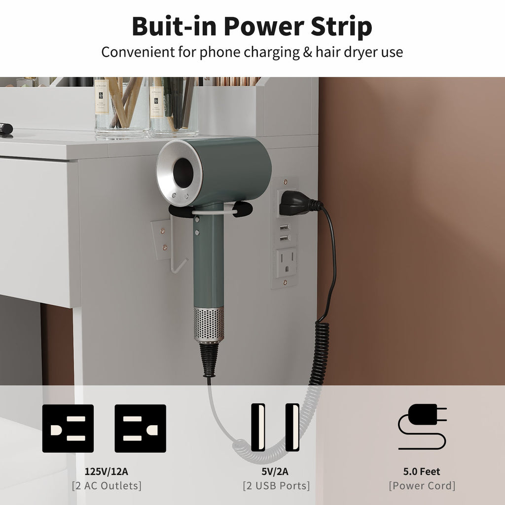 Vektaya US - VD031 - WH Vanity Desk with Mirror, Charging Station,2 Drawers,and Chair,White - VektayaFurnitureUS-VD031-WH