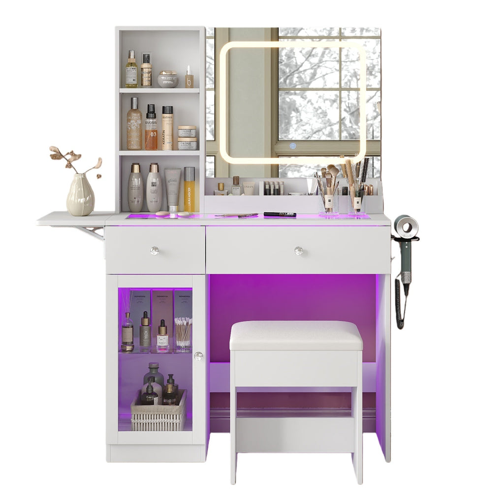 Vektaya US - VD031 - WH Vanity Desk with Mirror, Charging Station,2 Drawers,and Chair,White - VektayaFurnitureUS-VD031-WH