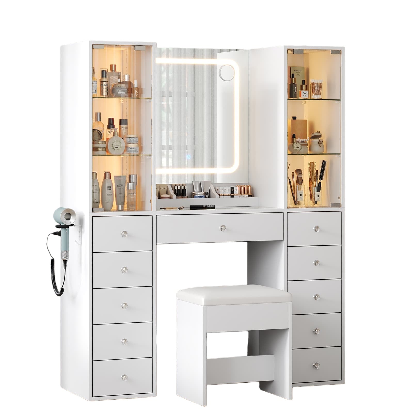 Vektaya US - VD034 Bedroom Makeup Vanity desk with mirror, 11 Drawers - VektayaFurnitureUS-VD034-WH