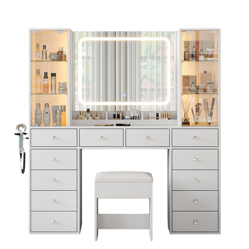 Vektaya US - VD035 Bedroom Makeup Vanity desk with mirror, 12 Drawers - VektayaFurnitureUS-VD035-WH