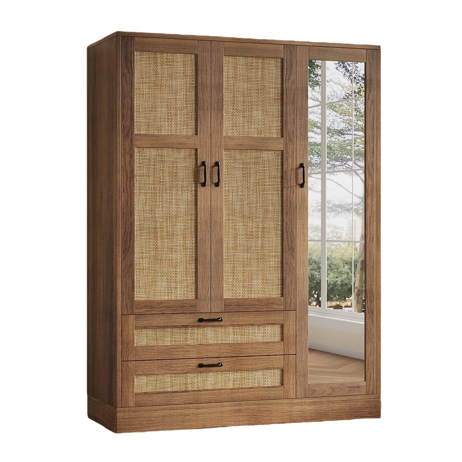 Vektaya US - YG003 Rattan 3 - Door Armoire Wardrobe Closet with Full - Length Mirror, Drawers & Hanging Rod for Bedroom - VektayaFurniture