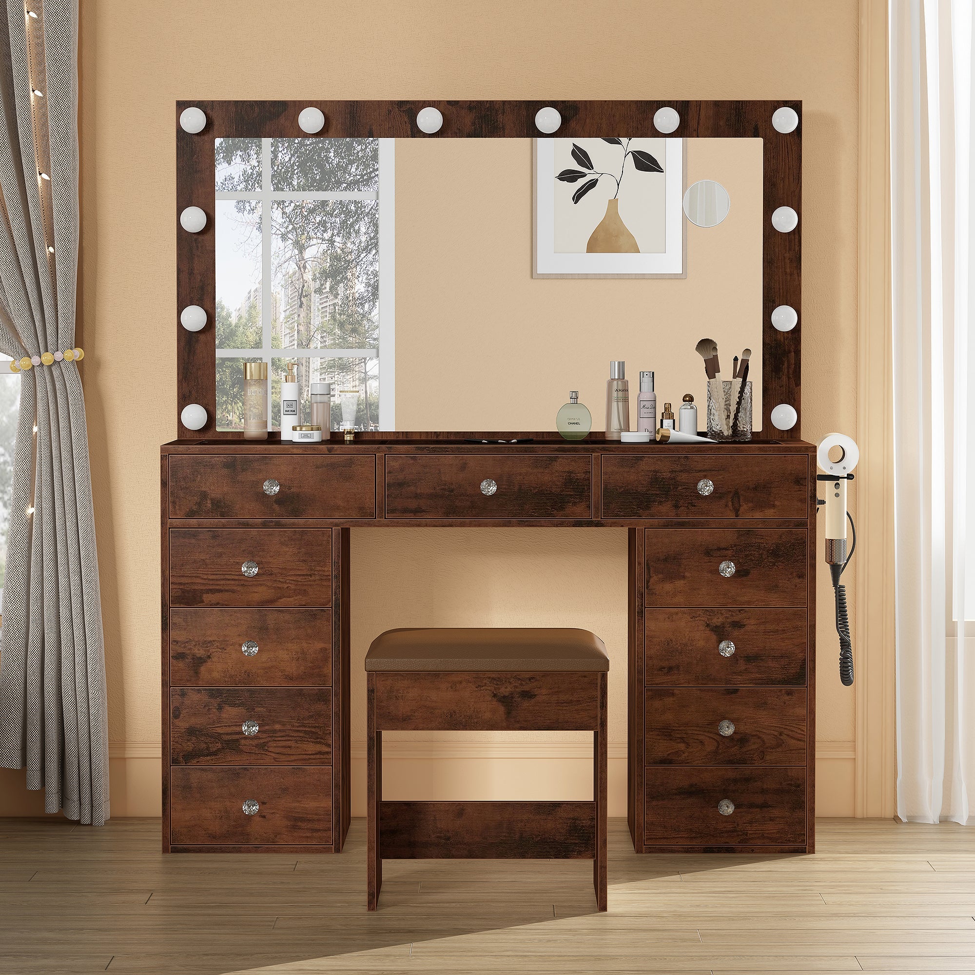 11-Drawer LED Mirror Vanity Desk