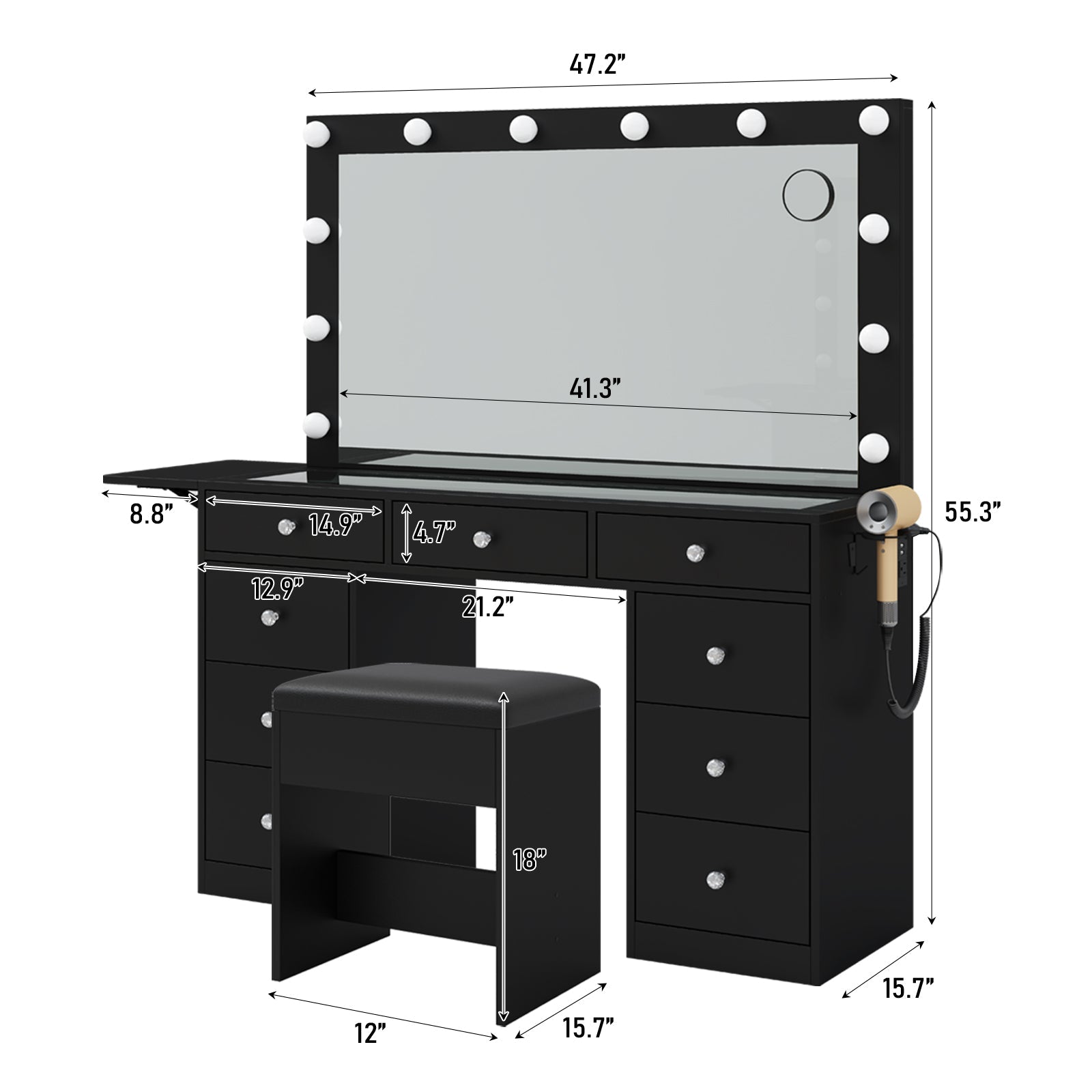 9-Drawer LED Mirror Vanity Desk