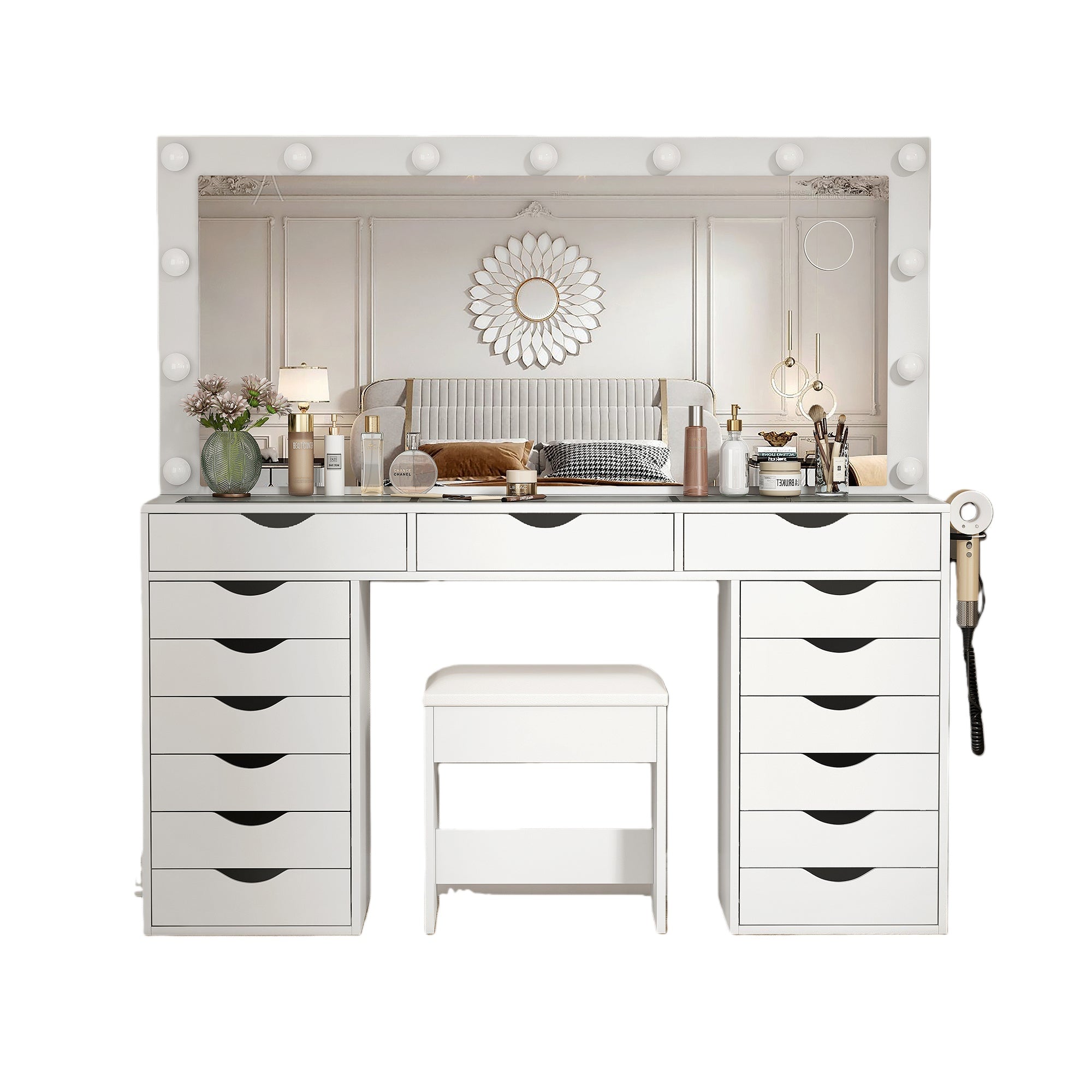 15-Drawer LED Mirror Vanity Desk