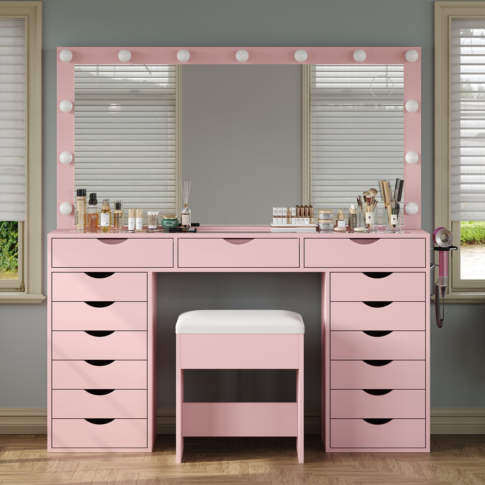 15-Drawer LED Mirror Vanity Desk