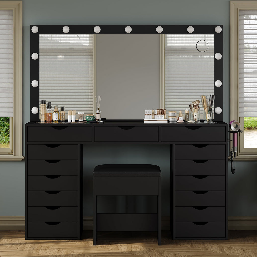 15-Drawer LED Mirror Vanity Desk