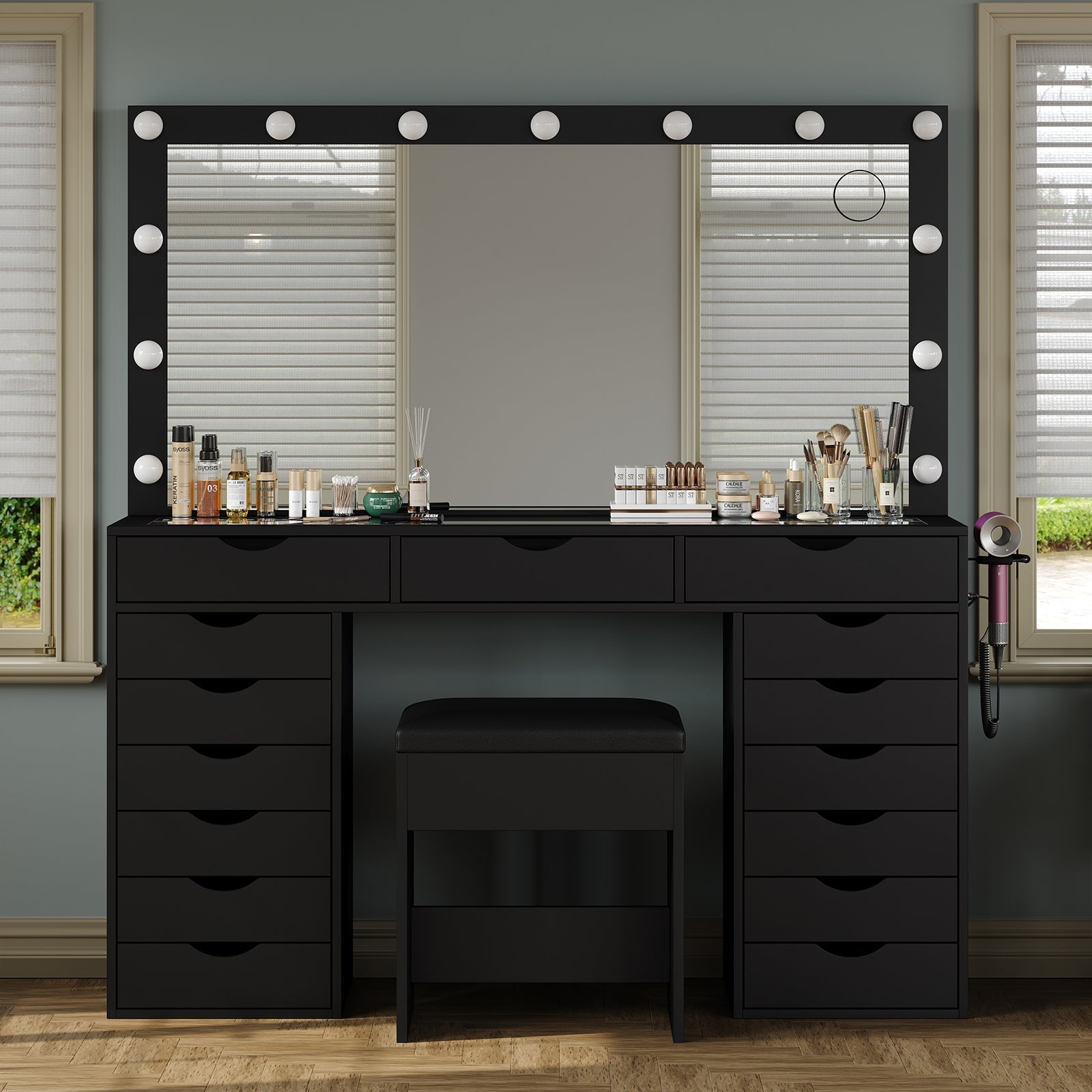 15-Drawer LED Mirror Vanity Desk