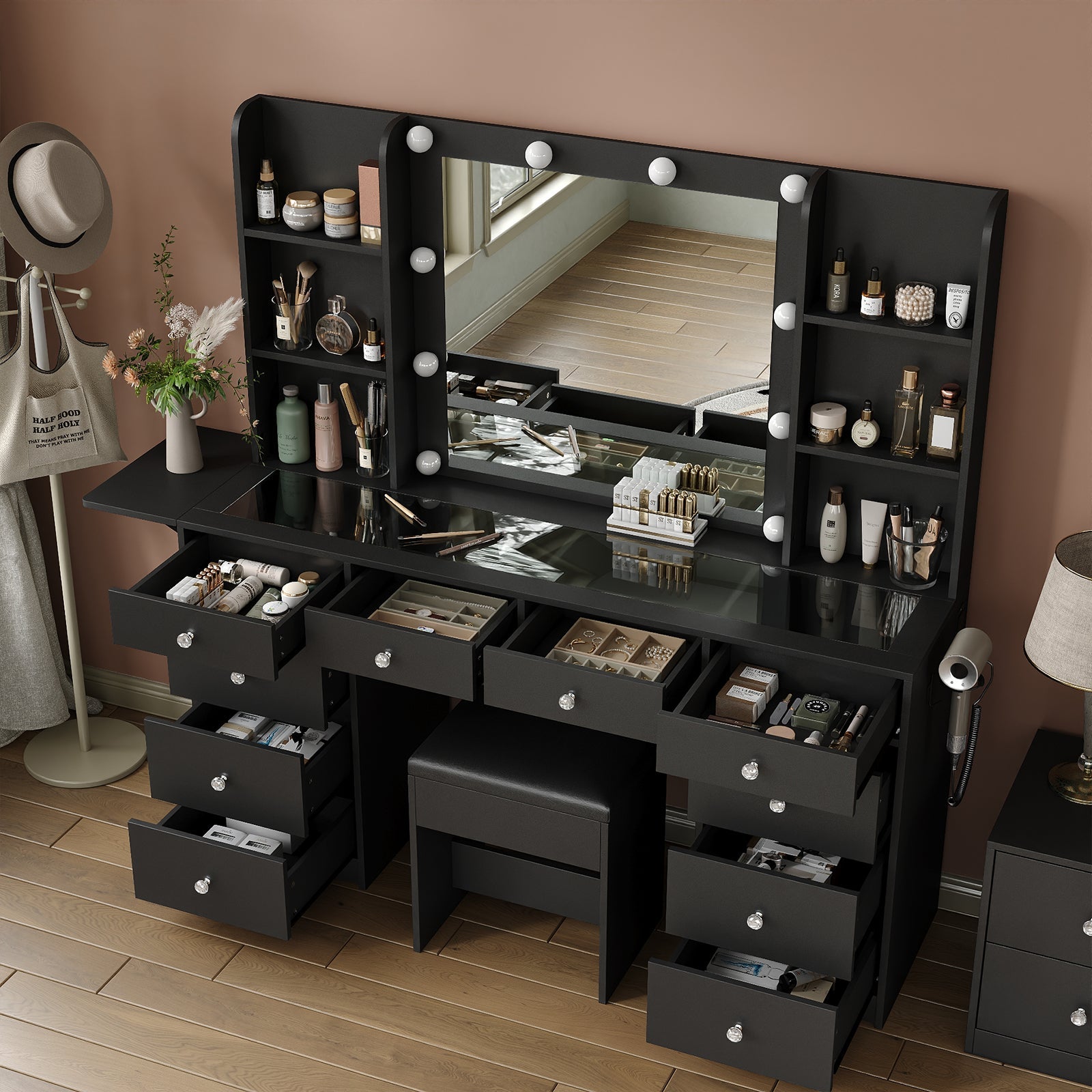 10-Drawer LED Mirror Vanity Desk