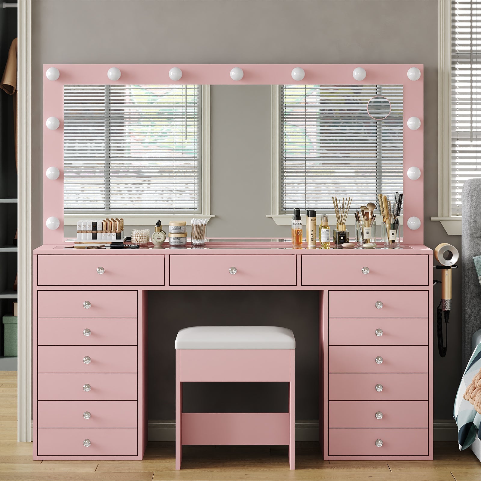 15-Drawer LED Mirror Vanity Desk