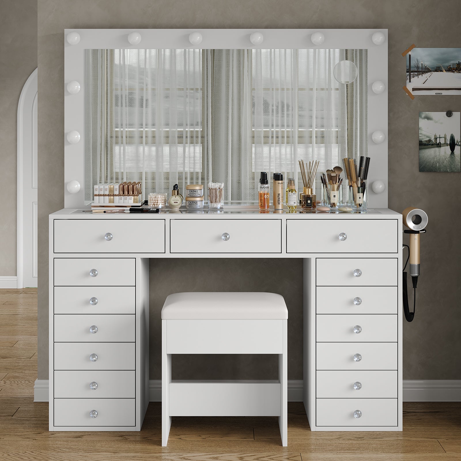 15-Drawer LED Mirror Vanity Desk
