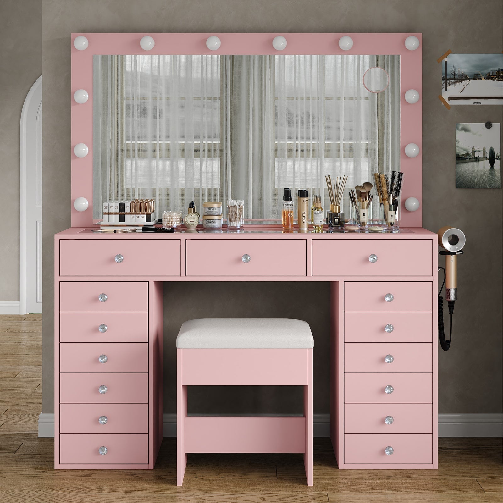 15-Drawer LED Mirror Vanity Desk