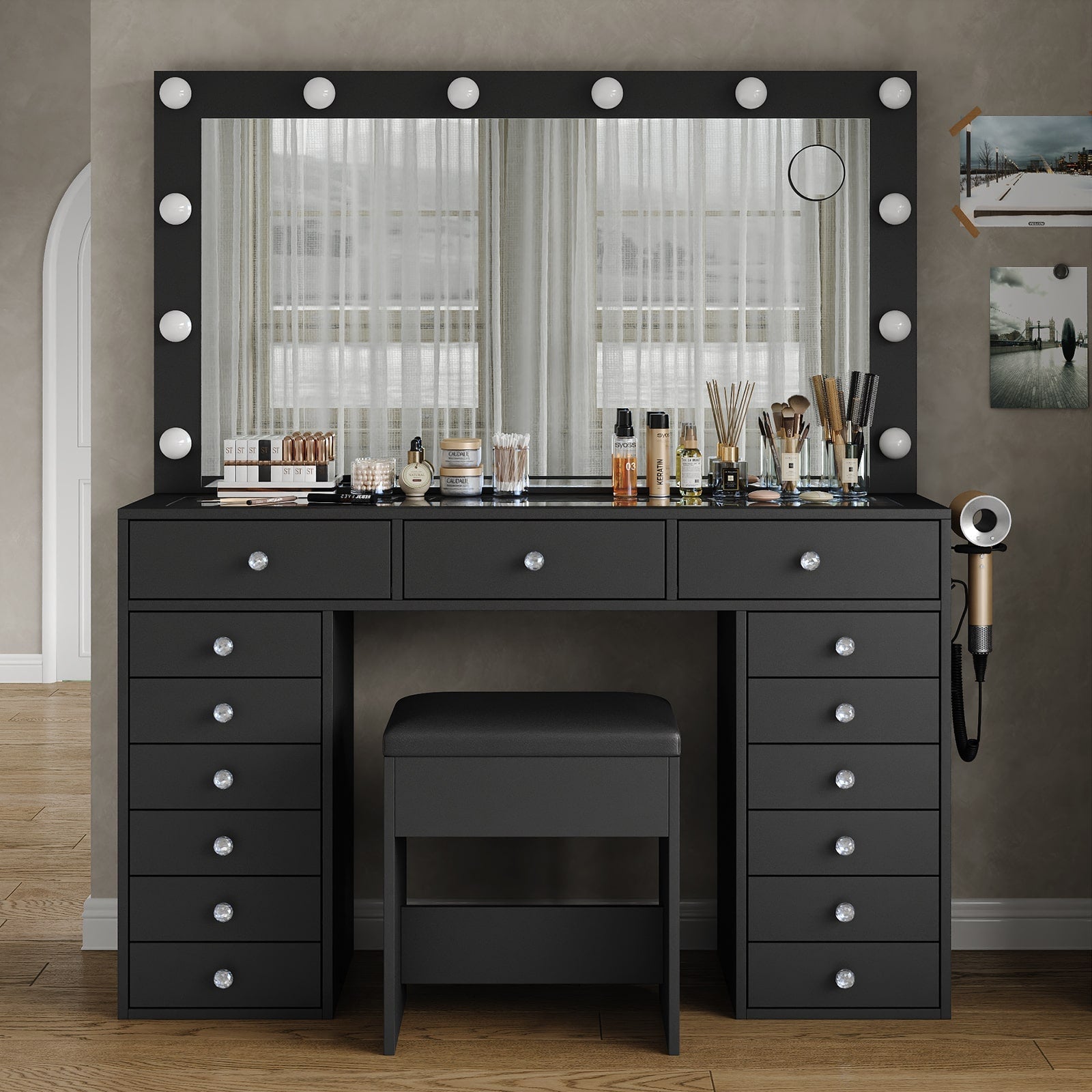15-Drawer LED Mirror Vanity Desk