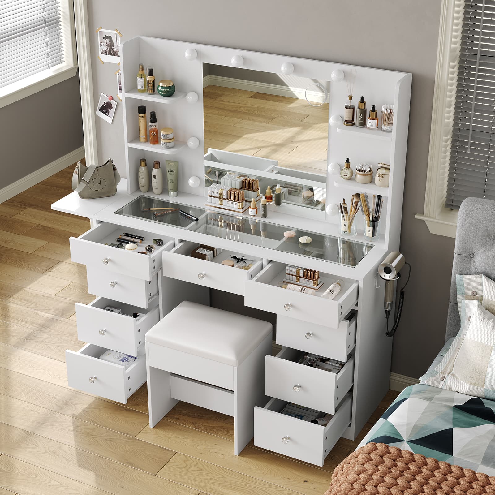 LED Mirror Vanity Desk with Charging Station