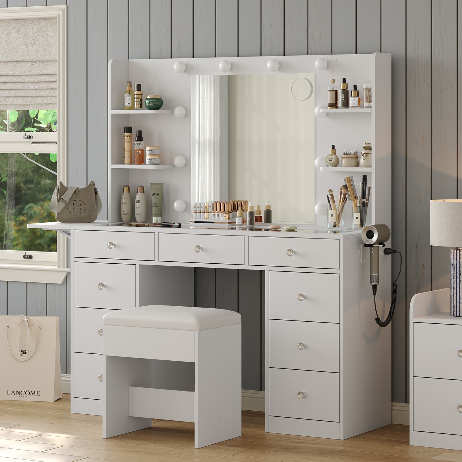 LED Mirror Vanity Desk with Charging Station
