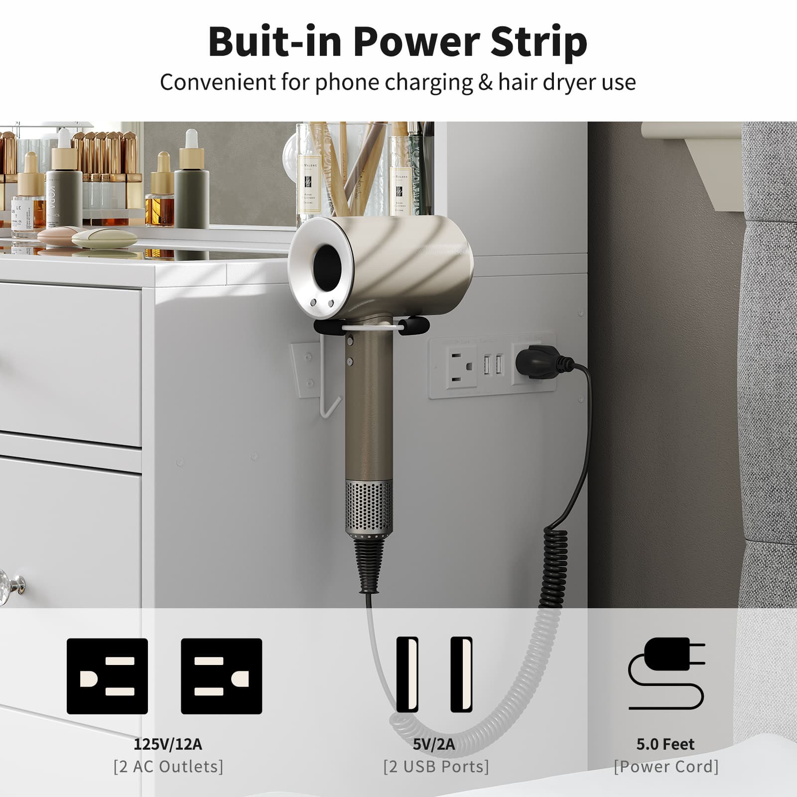 LED Mirror Vanity Desk with Charging Station
