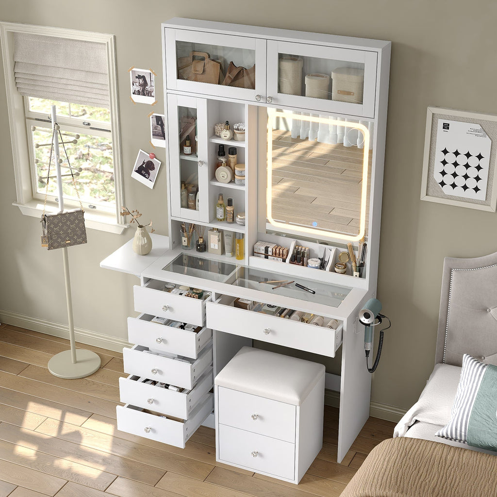 LED Mirror Vanity Desk with Stool White
