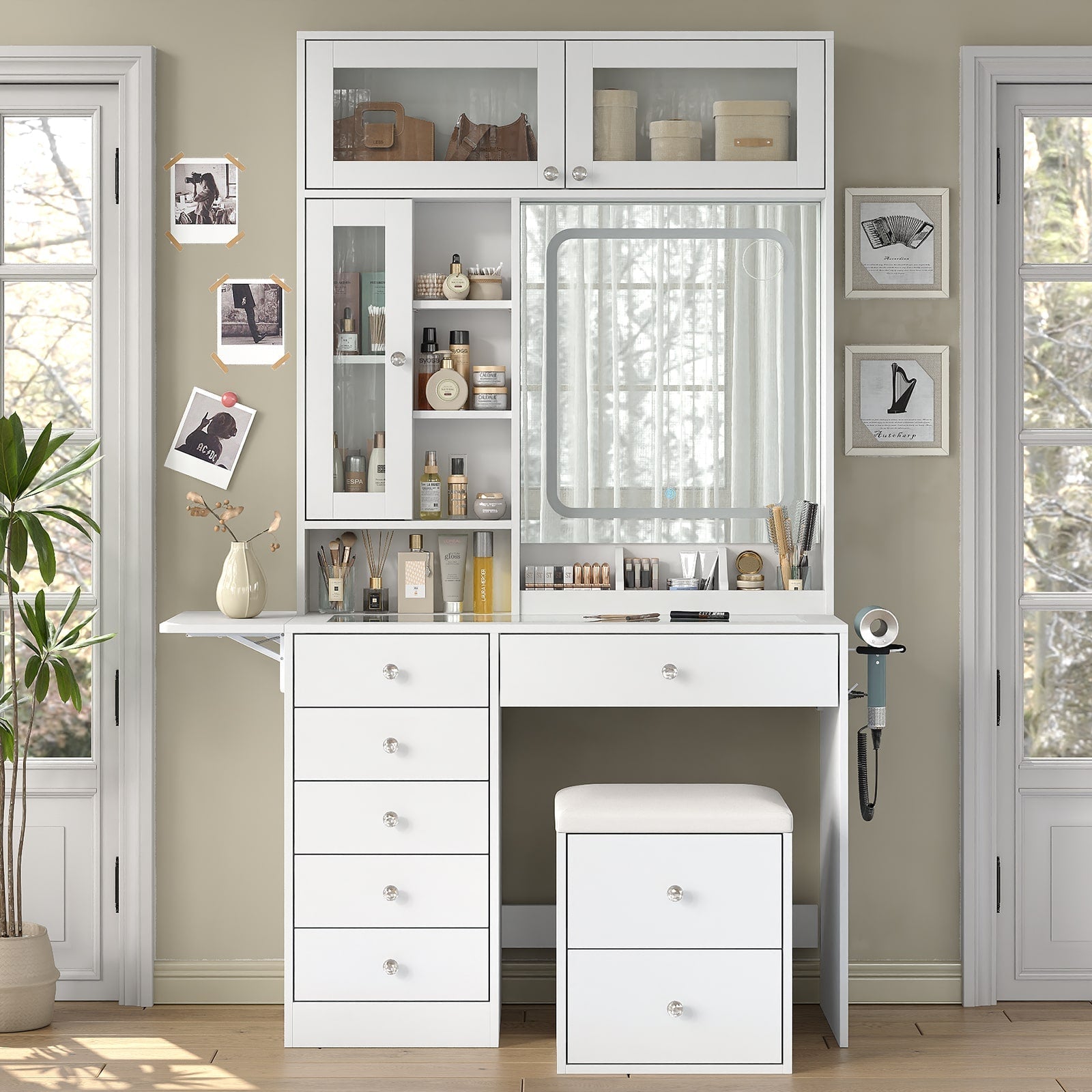 LED Mirror Vanity Desk with Stool White