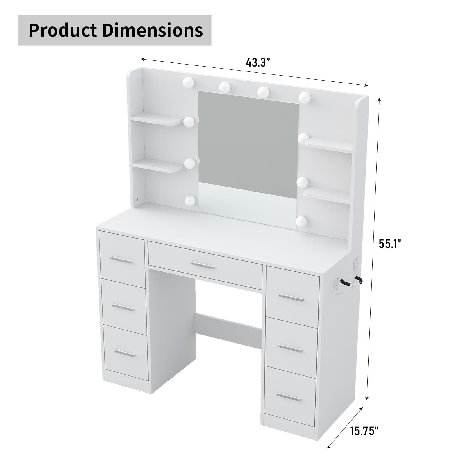 7-Drawer LED Mirror Vanity Desk with Charging Station