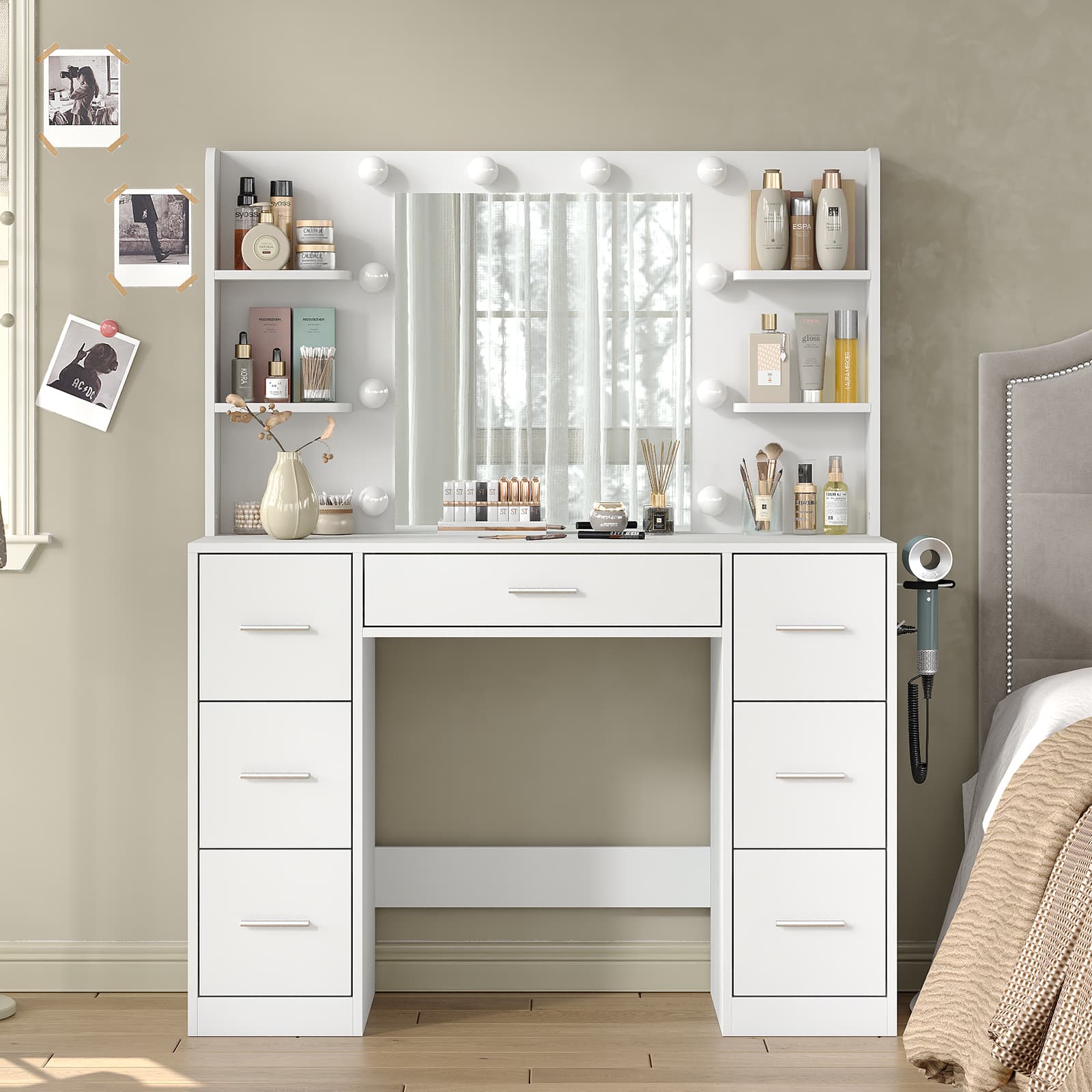 7-Drawer LED Mirror Vanity Desk with Charging Station