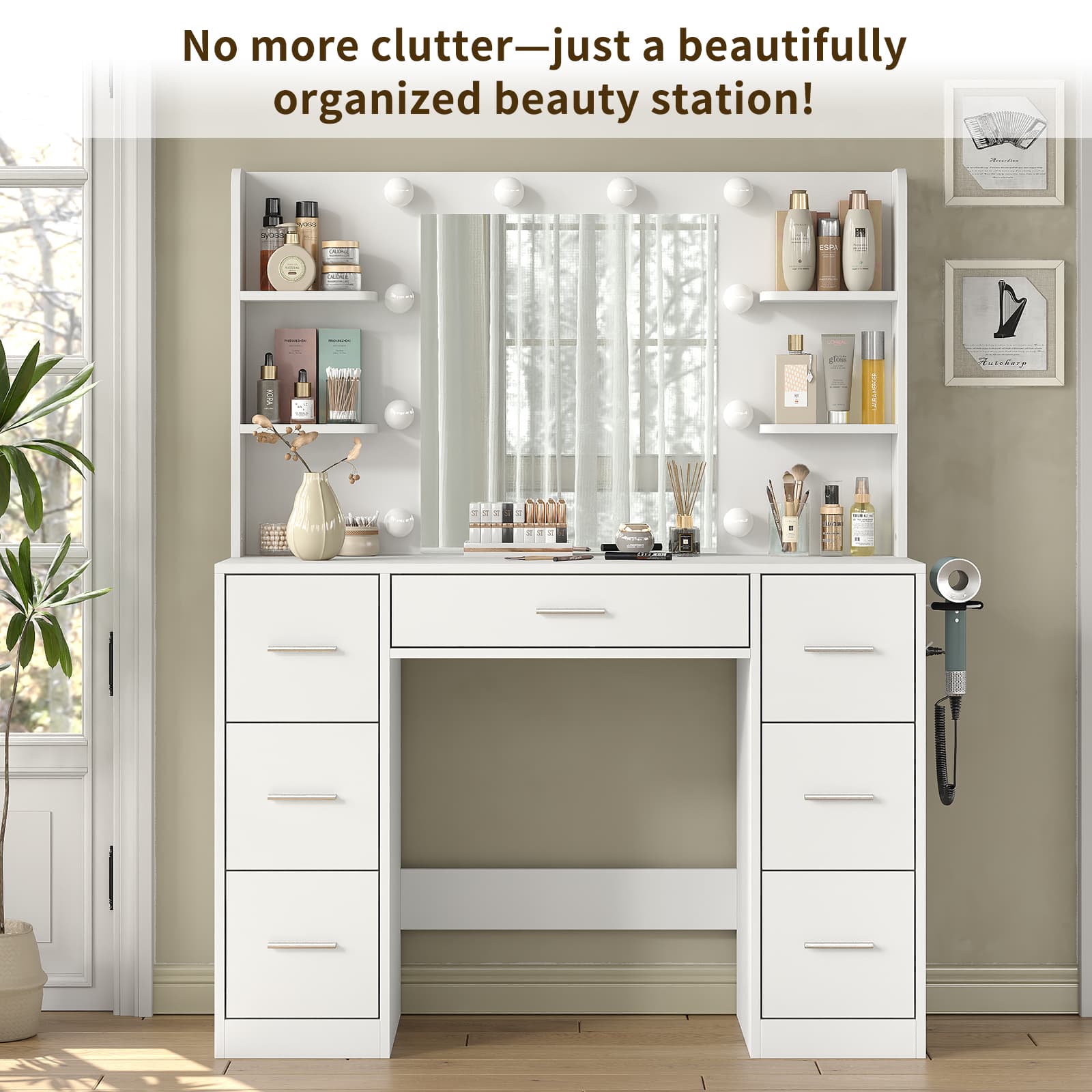 7-Drawer LED Mirror Vanity Desk with Charging Station