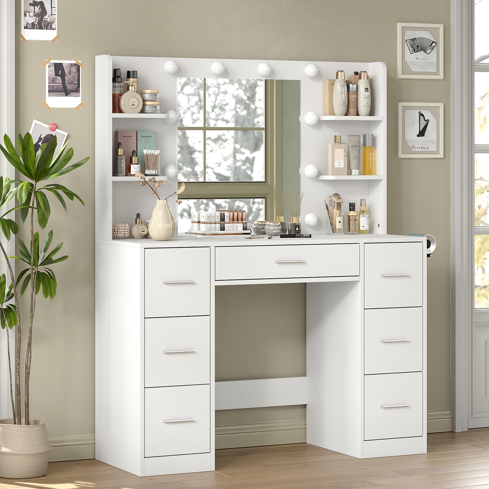 7-Drawer LED Mirror Vanity Desk with Charging Station
